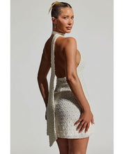 Embellished Scarf-Detail Halterneck Mini Dress | Women's White Crystal Dress