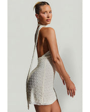 Embellished Scarf-Detail Halterneck Mini Dress | Women's White Crystal Dress