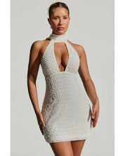 Embellished Scarf-Detail Halterneck Mini Dress | Women's White Crystal Dress