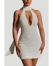 Embellished Scarf-Detail Halterneck Mini Dress | Women's White Crystal Dress