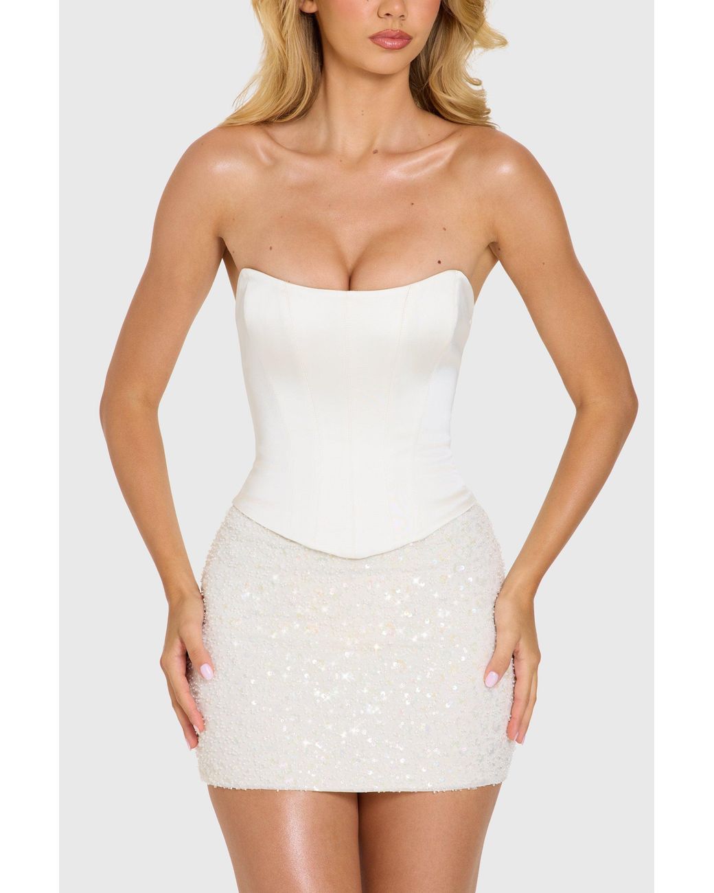 Embellished Sequin Skirt Corset Mini Dress | Women's White Party Dress
