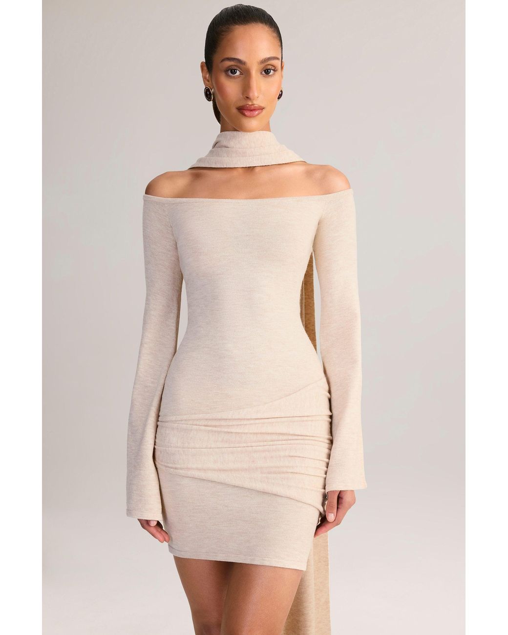 Knit Scarf Off-Shoulder Mini Dress | Women's White Knit Two-Piece Set