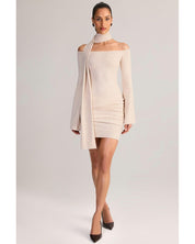 Knit Scarf Off-Shoulder Mini Dress | Women's White Knit Two-Piece Set