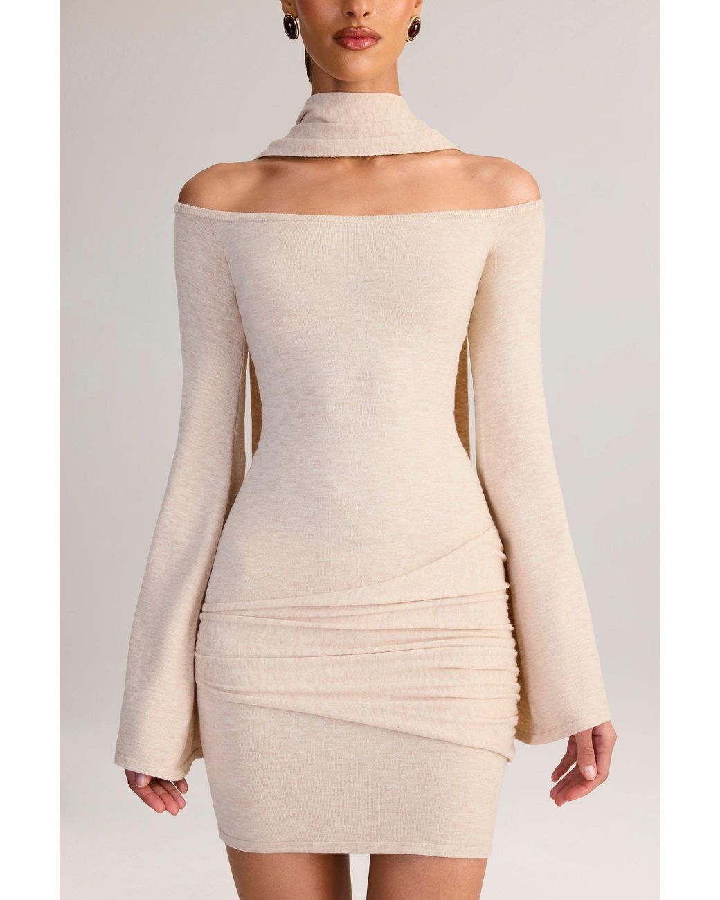 Knit Scarf Off-Shoulder Mini Dress | Women's White Knit Two-Piece Set