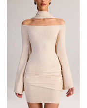 Knit Scarf Off-Shoulder Mini Dress | Women's White Knit Two-Piece Set