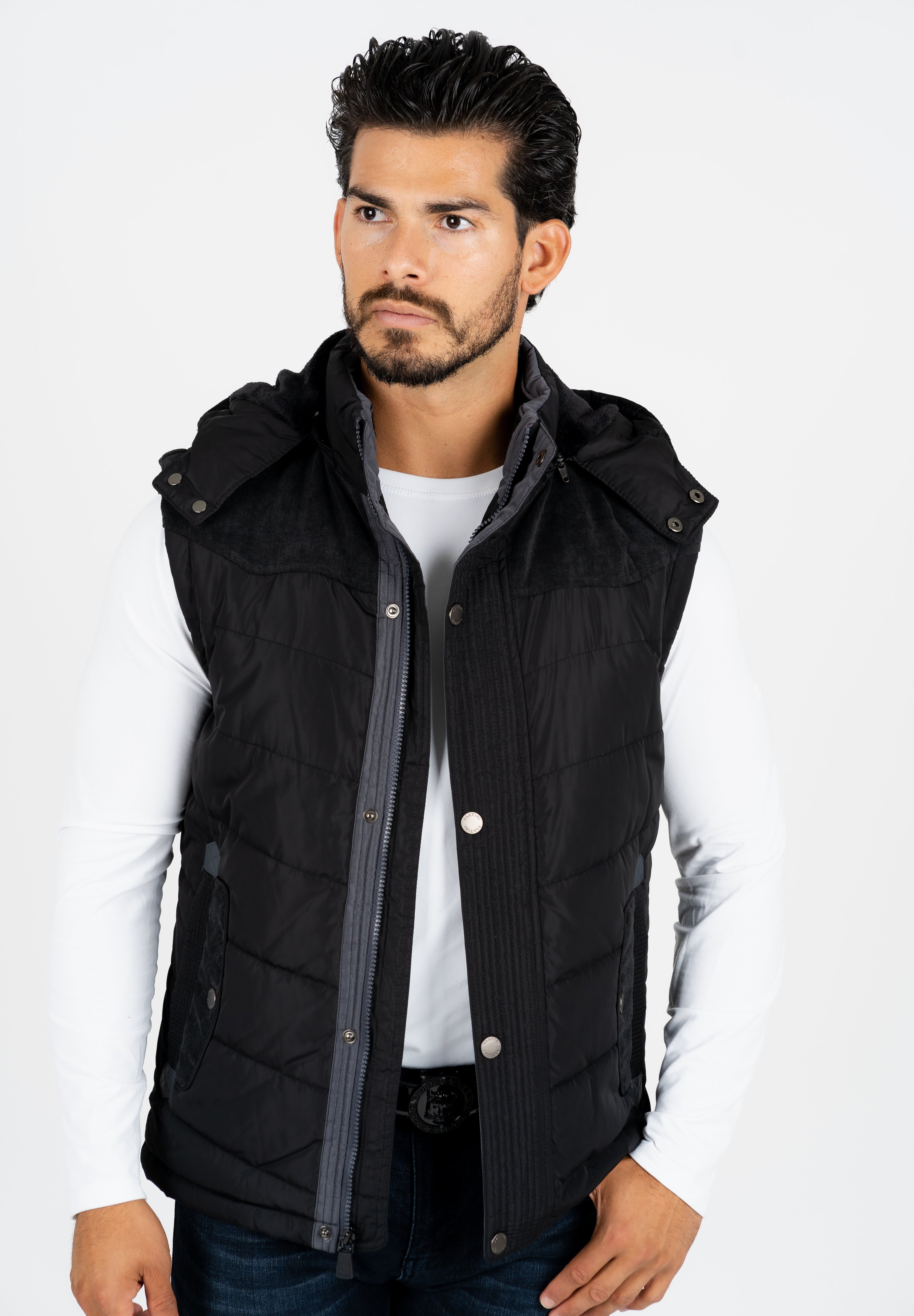 Padded Hooded Gilet | Men's Gilet | Men Padded Hooded Fur Black Khaki Red Blue