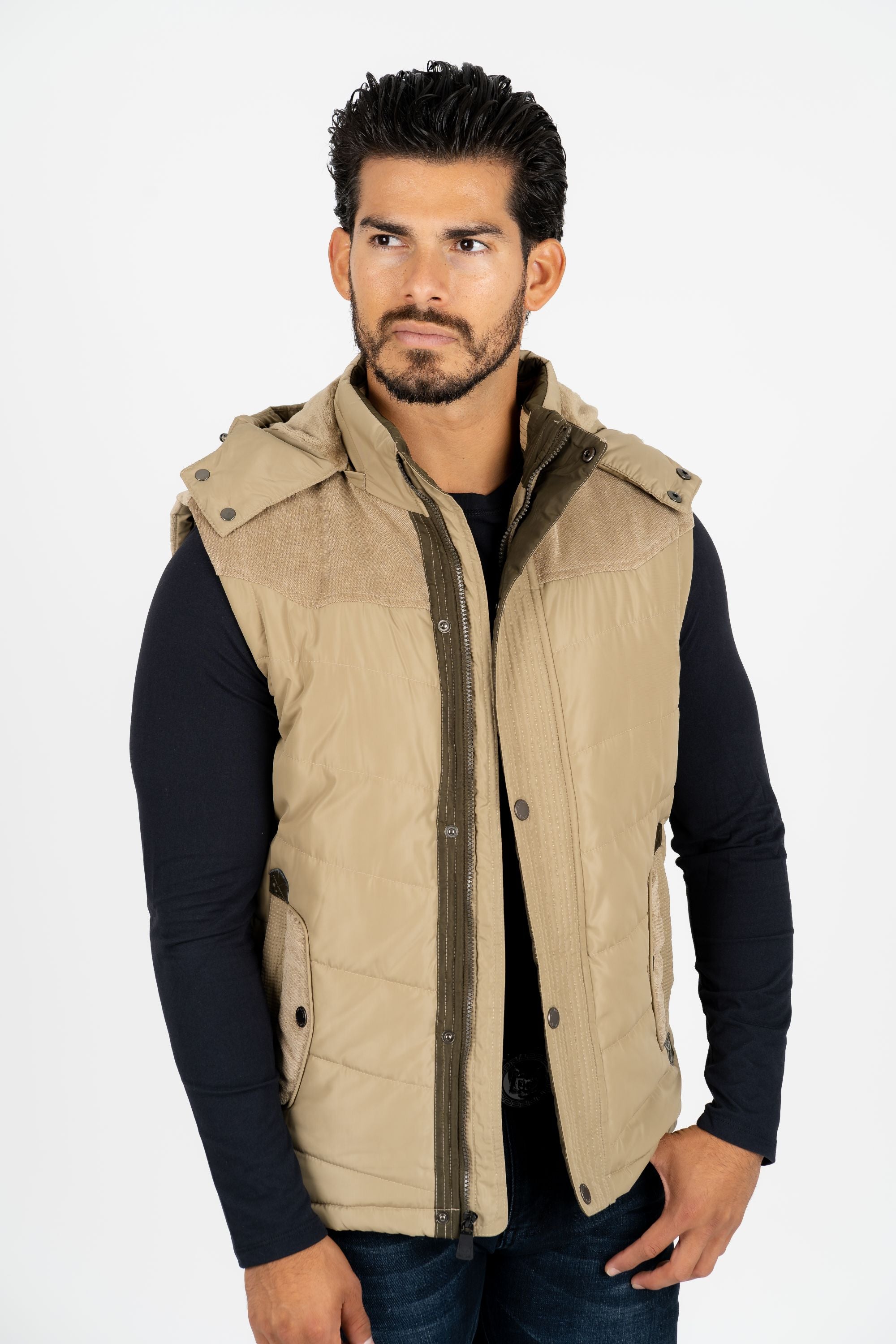 Padded Hooded Gilet | Men's Gilet | Men Padded Hooded Fur Black Khaki Red Blue