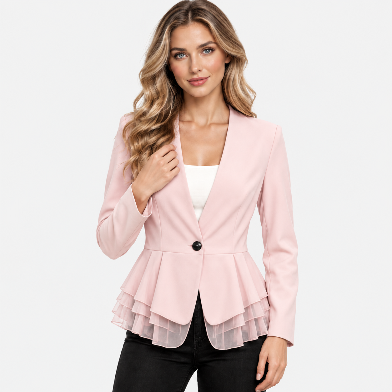 Women's Chiffon Blazer Jacket Long Sleeve Single Button Lightweight Smart Casual Workwear