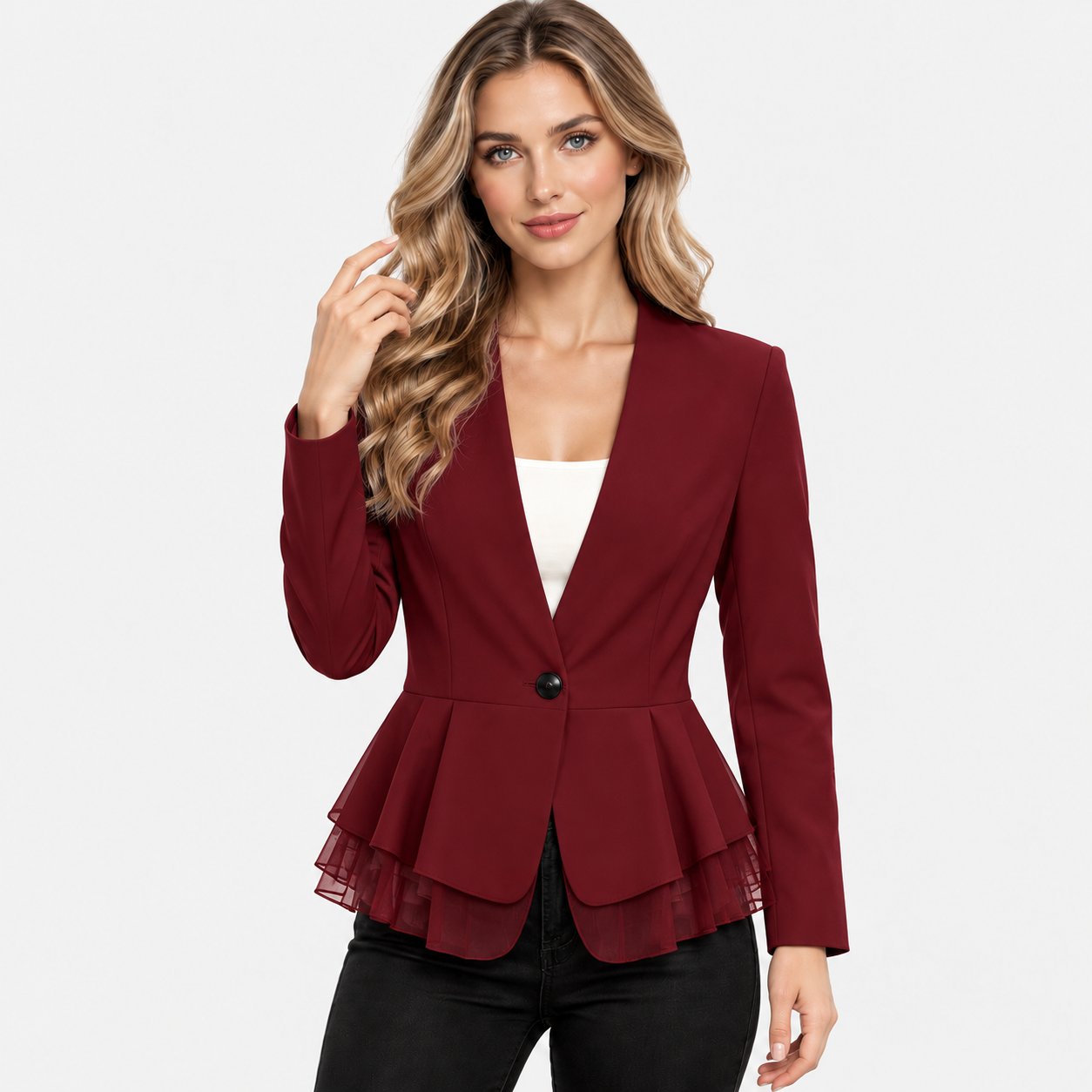 Women's Chiffon Blazer Jacket Long Sleeve Single Button Lightweight Smart Casual Workwear