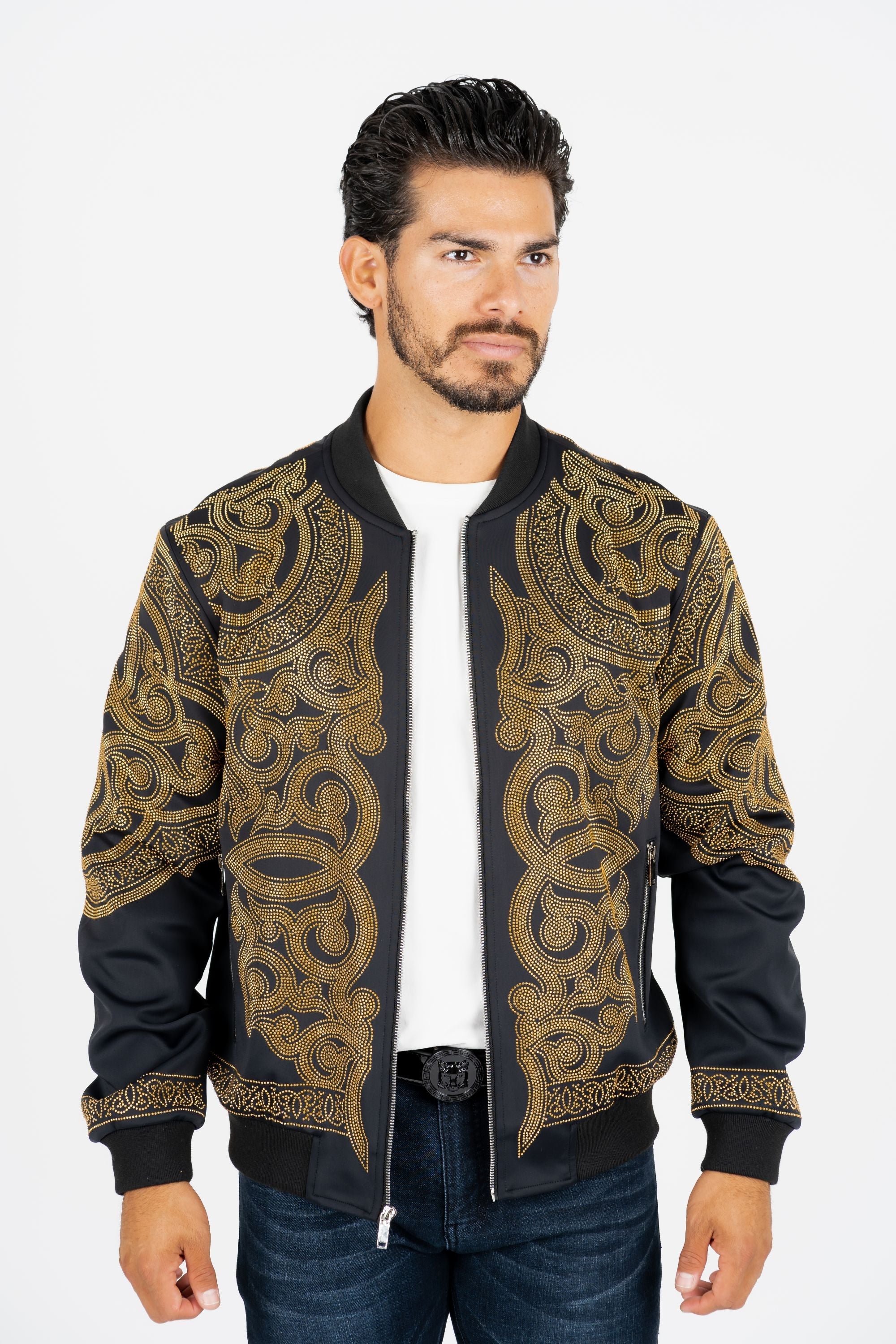 Rhinestone Bomber Jacket | Men's Jacket | Men Rhinestone Bomber Black White Red