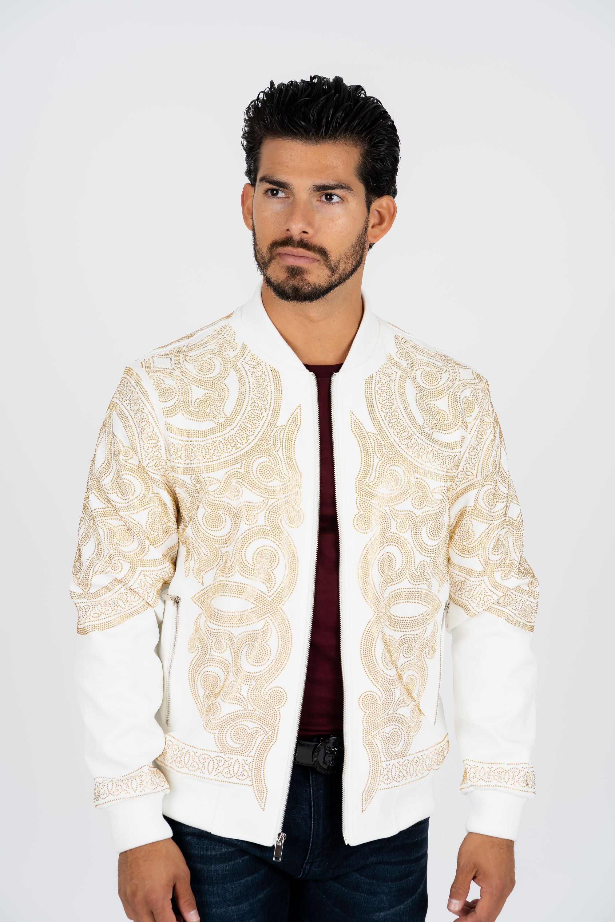 Rhinestone Bomber Jacket | Men's Jacket | Men Rhinestone Bomber Black White Red