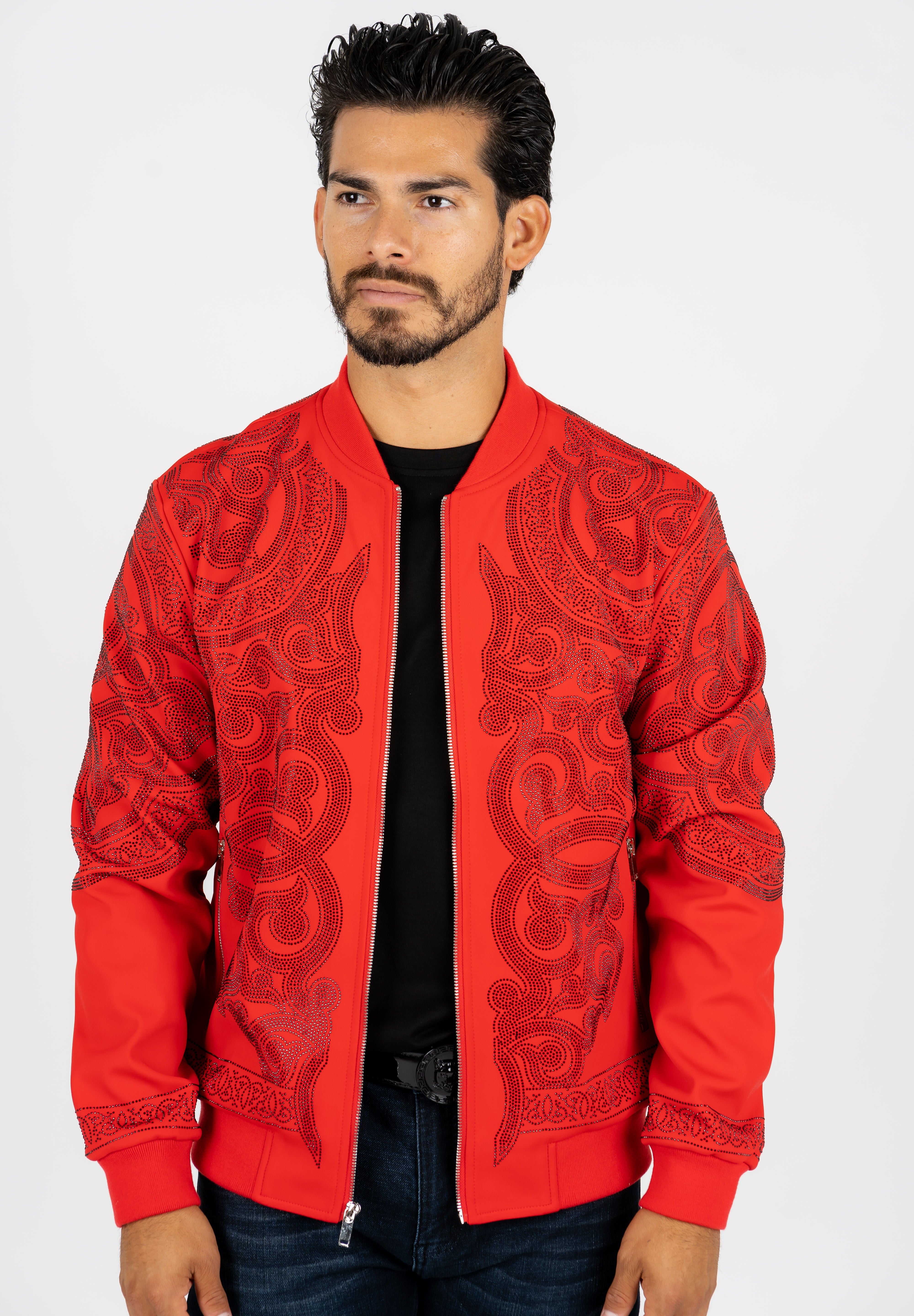 Rhinestone Bomber Jacket | Men's Embellished Outerwear | Black White Red