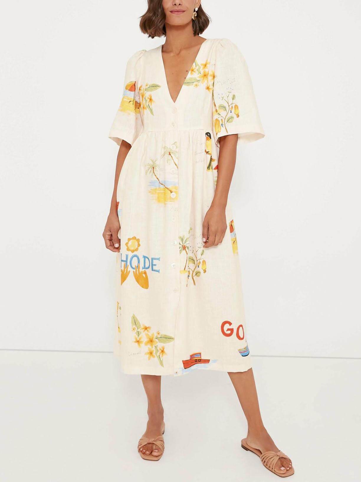 Folk Floral Print Unique Holiday Puff Sleeve Midi Dress | Women's Floral Print Midi Dress | Feminine Boho Dress UK
