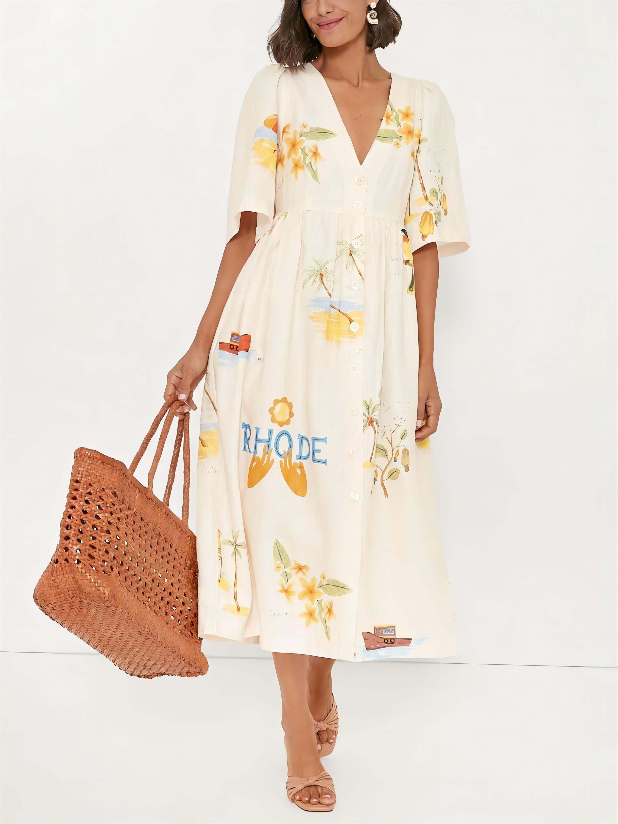 Folk Floral Print Unique Holiday Puff Sleeve Midi Dress | Women's Floral Print Midi Dress | Feminine Boho Dress UK