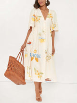 Folk Floral Print Unique Holiday Puff Sleeve Midi Dress | Women's Floral Print Midi Dress | Feminine Boho Dress UK