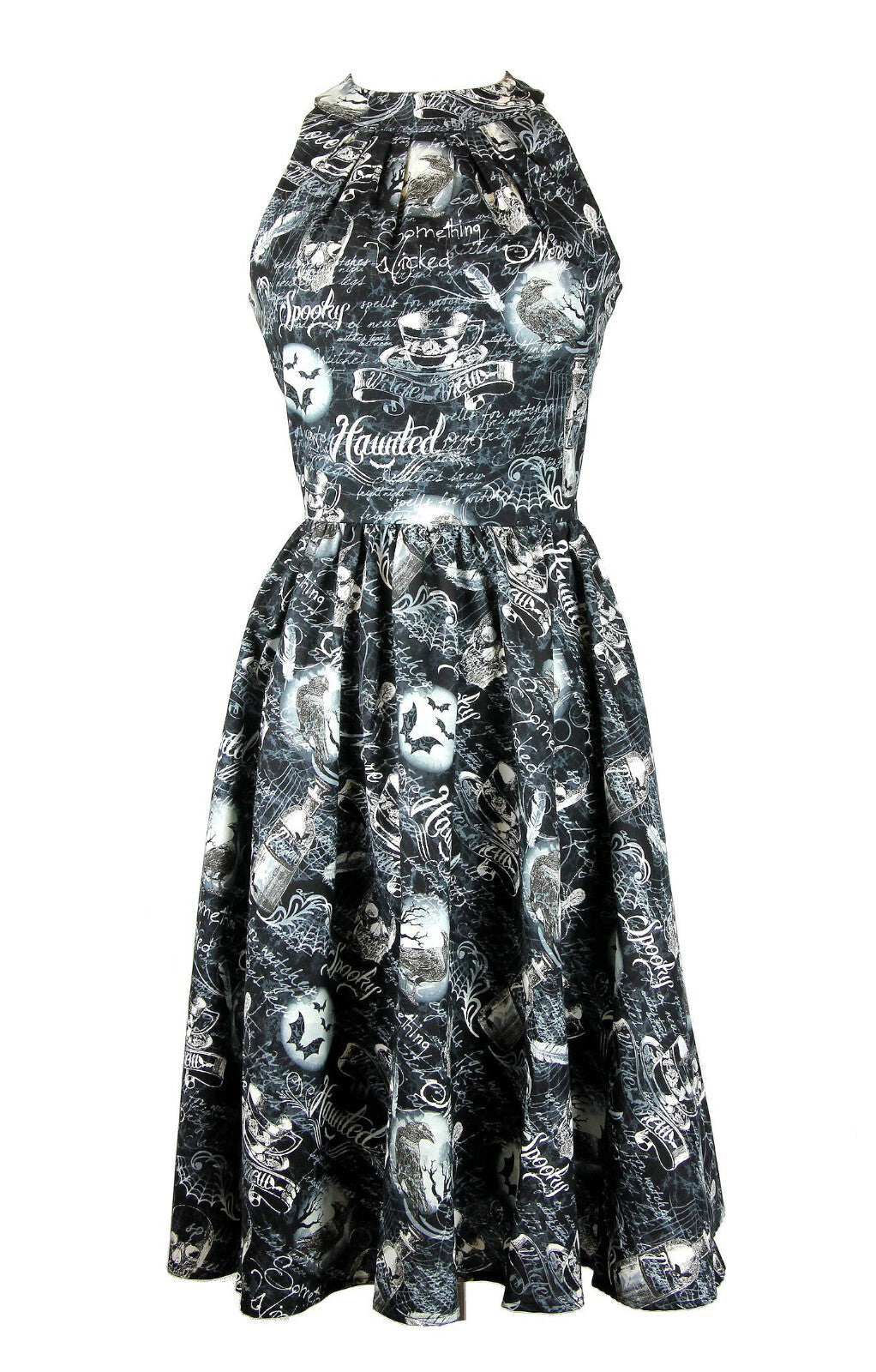 Women's Halloween Witch Dress Black Haunted Skulls & Bats Print