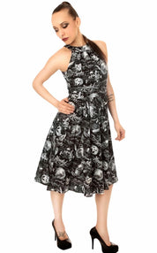 Women's Halloween Witch Dress Black Haunted Skulls & Bats Print