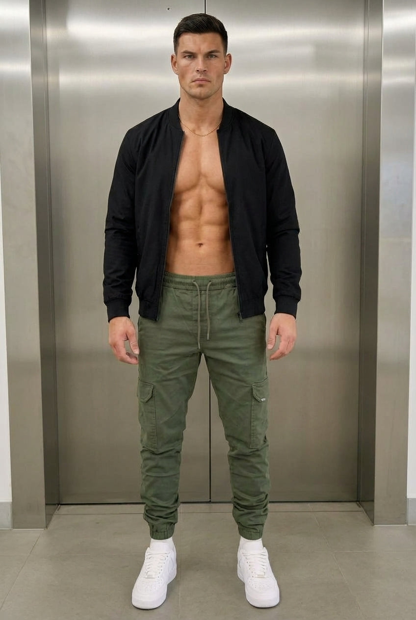 Atlas Men's Cargo Jogger Trousers in Army Green | Utility Relaxed Fit Bottoms UK