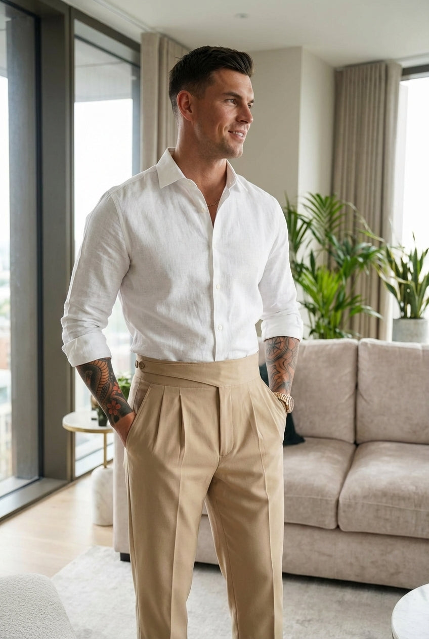Lockhart Men's Slim Tailored Trousers in Cream | Smart Casual Chinos UK