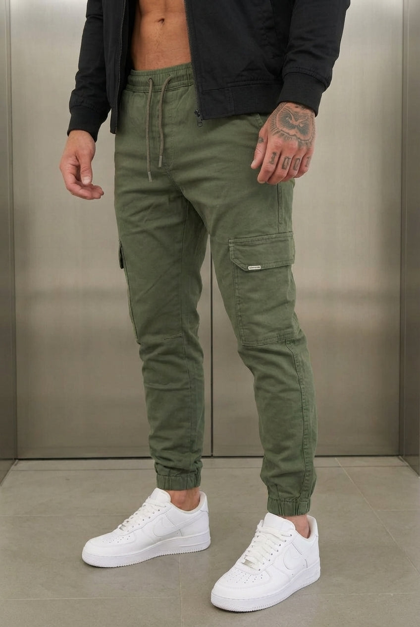 Atlas Men's Cargo Jogger Trousers in Army Green | Utility Relaxed Fit Bottoms UK