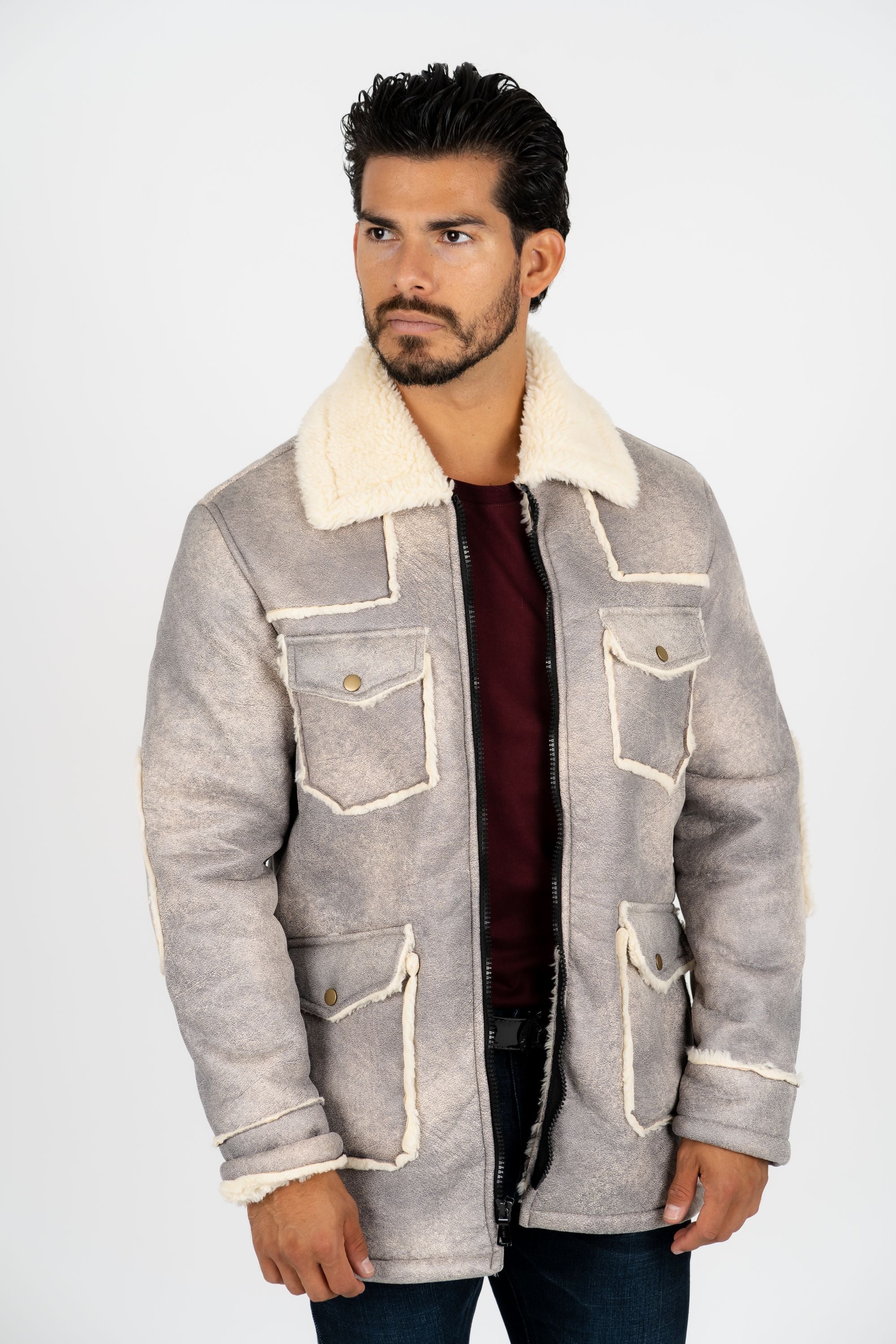 Suede Shearling Jacket II | Men's Faux Shearling-Lined Winter Coat | Light Grey Brown