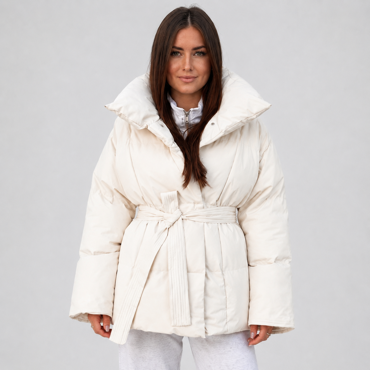 Belted Puffer Coat | Women's Stand Collar Winter Jacket | Women's Padded Black Coffee Brown Beige
