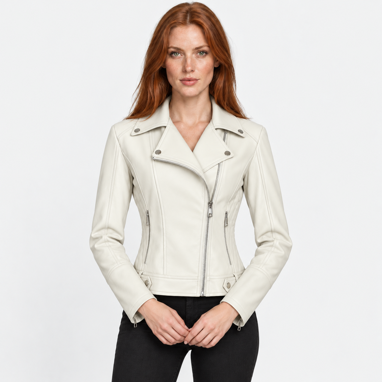 Women's Slim Fit Biker Jacket – Zip-Up Street Fashion Winter Coat | Black Milky Burgundy Green | S–2XL