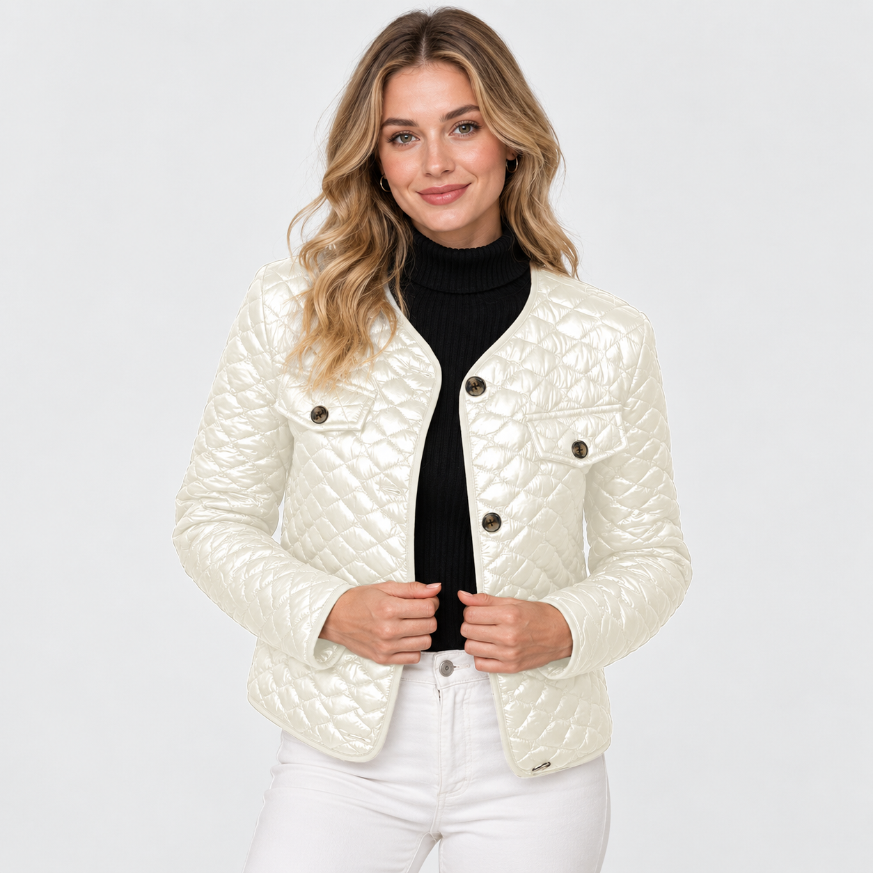 Women's Quilted Coat – Solid Colour Warm Fall Winter Style Jacket | Black Green Off-White | S–2XL