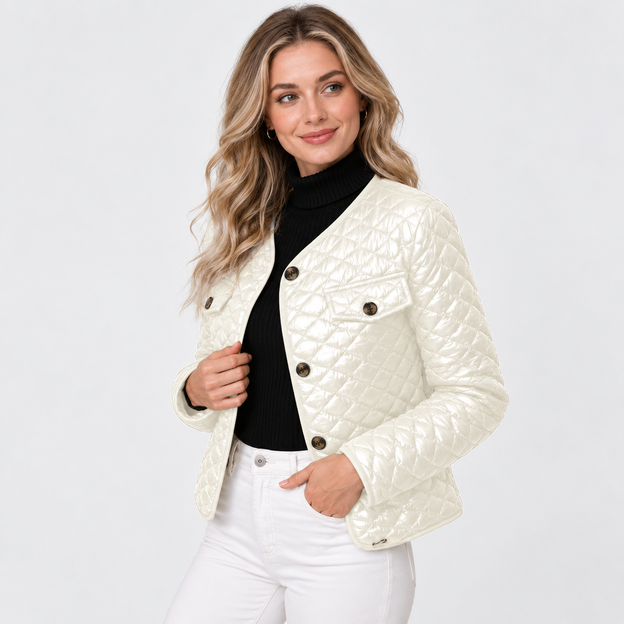 Women's Quilted Coat – Solid Colour Warm Fall Winter Style Jacket | Black Green Off-White | S–2XL