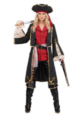 Premium Pirate Captain | Halloween Costume | Women's Regular Black Red Gold